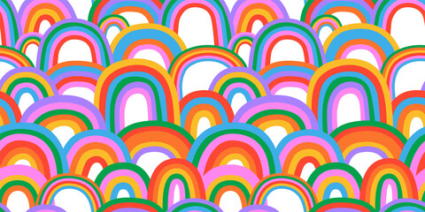 Diverse colorful rainbow doodle seamless pattern . Multi color rainbows cartoon in funny hand drawn style. LGBT issues or diversity spectrum background concept.
