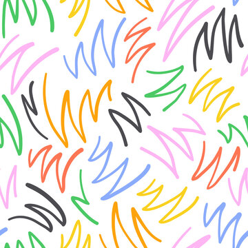 Colorful line doodle seamless pattern. Creative minimalist style art background, trendy design with basic shapes. Modern abstract color backdrop.