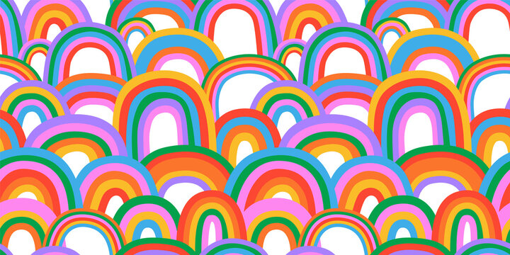Diverse colorful rainbow doodle seamless pattern . Multi color rainbows cartoon in funny hand drawn style. LGBT issues or diversity spectrum background concept.