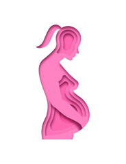 Realistic paper cut pregnant woman with baby fetus growing inside. New mother expecting child. Pink 3D papercut female silhouette illustration for motherhood or medical pregnancy concept.	