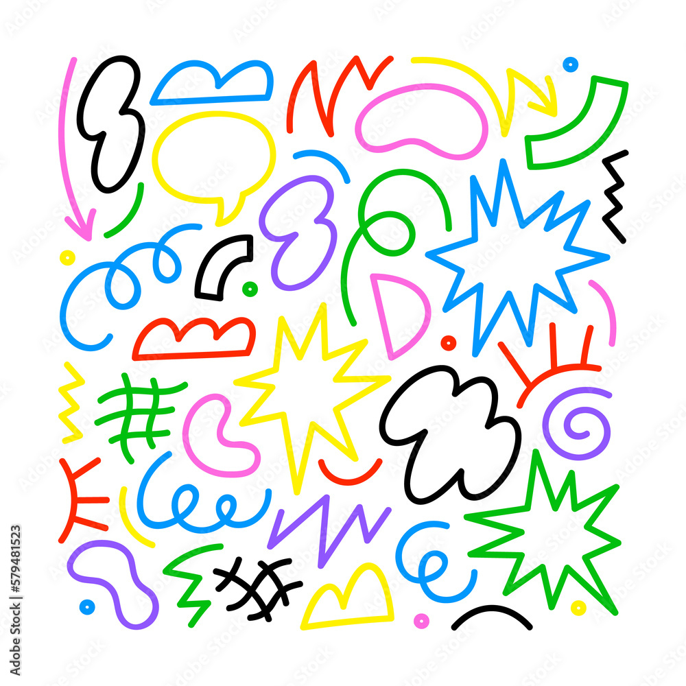 Poster Fun colorful abstract line doodle shape set. Creative minimalist style art symbol collection for children or party celebration with modern shapes. Simple upbeat childish drawing scribble decoration.
