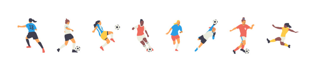 Fototapeta na wymiar Diverse all women soccer player team people set. Colorful retro style female athlete playing football game on isolated background. Woman tournament match collection, sport illustration. 