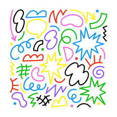 Fun colorful abstract line doodle shape set. Creative minimalist style art symbol collection for children or party celebration with modern shapes. Simple upbeat childish drawing scribble decoration.