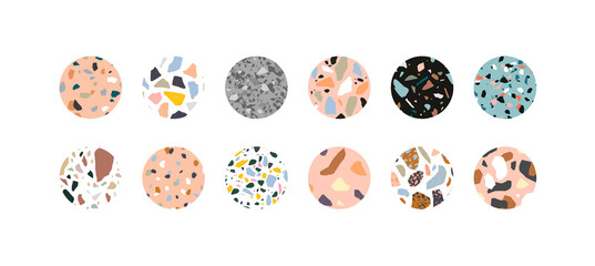 Fototapeta na wymiar Set of trendy eye catching terrazzo texture icon for social media story highlight or blog post symbol. Big isolated stories bundle - different stone marble mosaic in minimalist style.