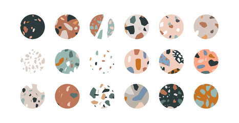 Set of trendy eye catching terrazzo texture icon for social media story highlight or blog post symbol. Big isolated stories bundle - different stone marble mosaic in minimalist style.