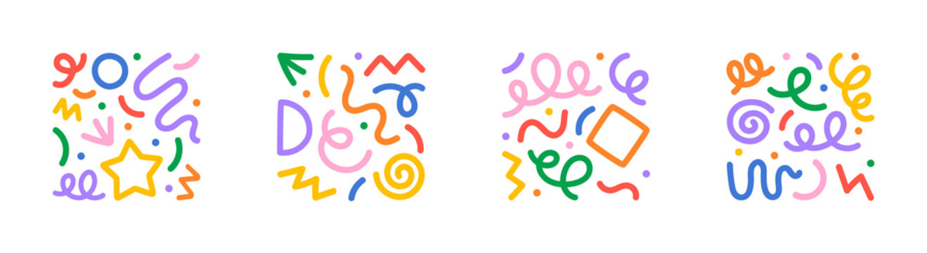 Fun colorful line doodle shape set. Creative minimalist style art symbol collection for children or party celebration with basic shapes. Simple upbeat childish drawing scribble decoration.

