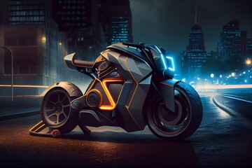 New electric and futuristic luxury motorcycle. Bright neon headlights. Generative AI.