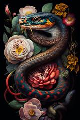 A close up of a snake surrounded by flowers. Generative AI