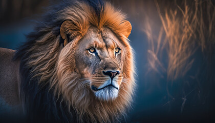 A close up of a lion with a blurry background. Generative AI
