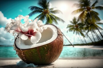 Coconut with flowers under palm trees at the beach. Background with selective focus and copy space. AI generated