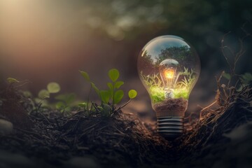 Green Energy and a Bright Future A Light Bulb in Soil. New Ideas for Sustainable Solutions. AI generated, human enhanced