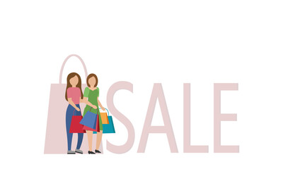 Sale. Women shopping. Vector illustration.