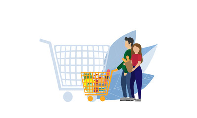 A man and a woman are shopping. Vector illustration.