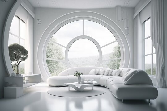 Modern, future minimalist interior on white color, big windows in living room. AI generated, human enhanced.