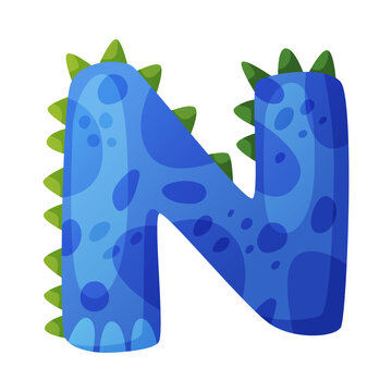 N consonant letter dino font. Dinosaur alphabet, cute dino effect blue letter sign, abc for kids, nursery, birthday party design cartoon vector illustration