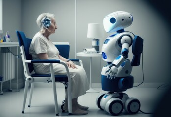 Future of geriatric care with robots in retirement home. AI generated, human enhanced. Background - obrazy, fototapety, plakaty