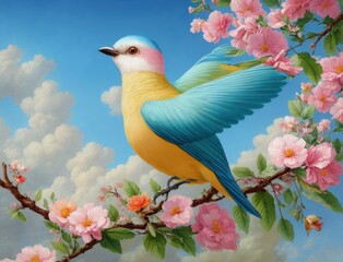 Colorful bird on top of beautiful flowers. AI generated, human enhanced. Background