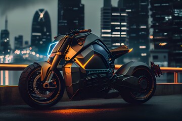 New electric and futuristic luxury motorcycle. Bright neon headlights. Generative AI.