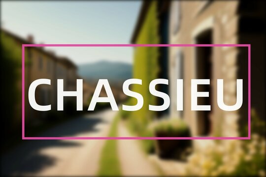 Chassieu: Der Ortsname der niederl&auml;ndischen Stadt Chassieu im Department Auvergne-Rh&ocirc;ne-Alpes vor einem Foto