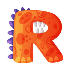 R consonant letter dino font. Dinosaur alphabet, cute dino effect letter sign, abc for kids, nursery, birthday party design cartoon vector illustration