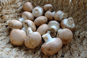 Champignons in a basket. Cut mushrooms with light caps.