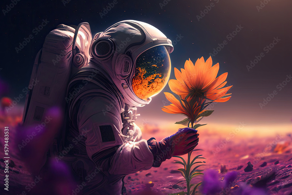Wall mural alone astronaut in space suit seedling plant on surface of red planet. space exploration, colonizati