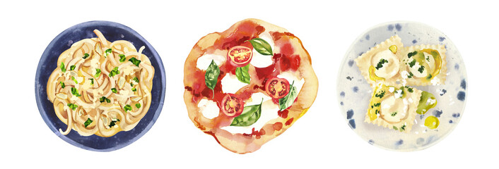 Italian traditional brunch, pizza, pasta and ravioli. Watercolor hand painted illustration isolated on white background for menu design, print, social media.
