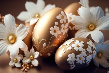 Fototapeta na wymiar Easter golden eggs with white flowers in the background, close-up. Generative AI
