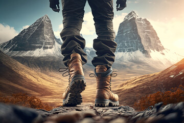 Hiking boots in mountain landscape. Close up of tourist standing on the ground in trekking boots. Adventures and discoveries in nature, active recreation. Created with Generative AI