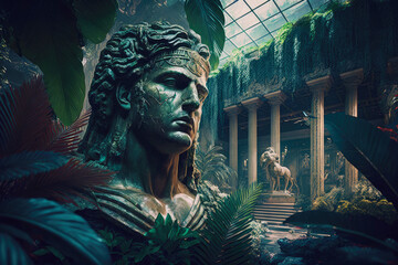 Alexander the Great Statue Standing Tall Among the Hanging Gardens of Babylon. Generative AI