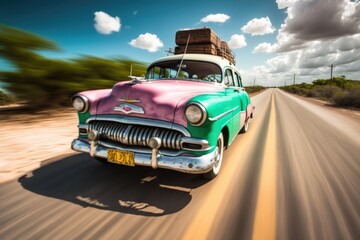 Fototapeta na wymiar Old vintage retro car with baggage driving through the exotic country, in motion. Generative AI