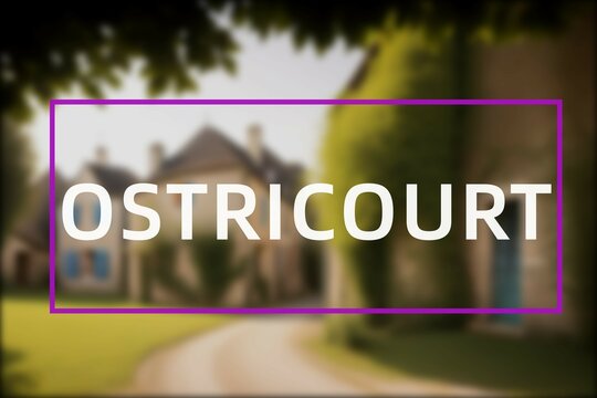 Ostricourt: Der Ortsname der niederl&auml;ndischen Stadt Ostricourt im Department Hauts-de-France vor einem Foto