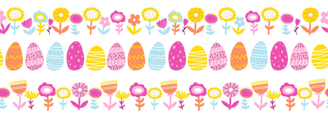 Colorful hand drawn Easter horizontal seamless border, pattern, cute doodle eggs and abstract plants for textiles, banners, wallpaper