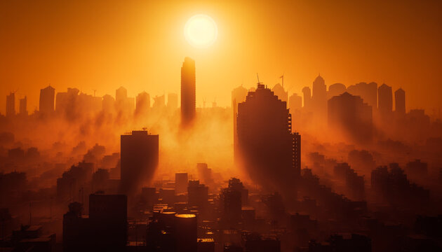 Heatwave Over A City Bright Sun Global Warming Urban Heat 