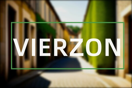 Vierzon: Der Ortsname der niederl&auml;ndischen Stadt Vierzon im Department Centre-Val de Loire vor einem Foto