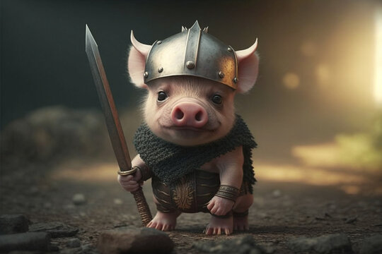 Little cute baby pig or pigglet in warrior hero outfit. Pig in warrior costume. Ai generated