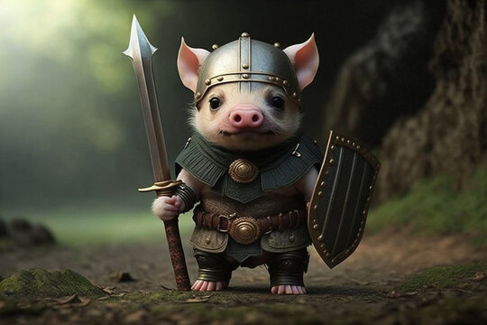 Little cute baby pig or pigglet in warrior hero outfit. Pig in warrior costume. Ai generated