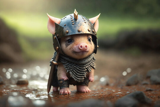 Little cute baby pig or pigglet in warrior hero outfit. Pig in warrior costume. Ai generated