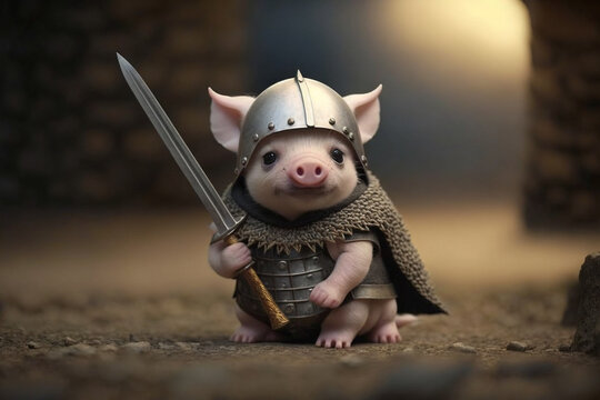 Little cute baby pig or pigglet in warrior hero outfit. Pig in warrior costume. Ai generated