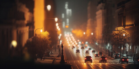 Fototapeta premium Road in winter with beautiful night. Saturated roads in night view. winter road view in night. time lapse of people walking in the city. time lapse of traffic at night, ai generative.