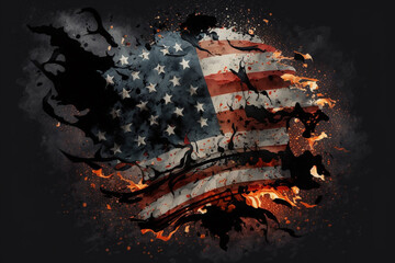 American or the united states flag on fire concept. Usa flag on flames disaster. Patriotic american or patriotism being attacked or destruction concept. Ai generated