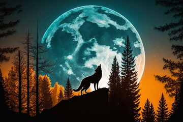 Wolf howling at full moon in the forest vector illustration. Wild animal in the forest. Ai generated - obrazy, fototapety, plakaty