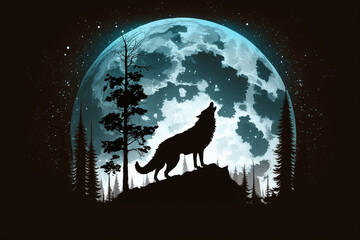 Wolf howling at full moon in the forest vector illustration. Wild animal in the forest. Ai generated