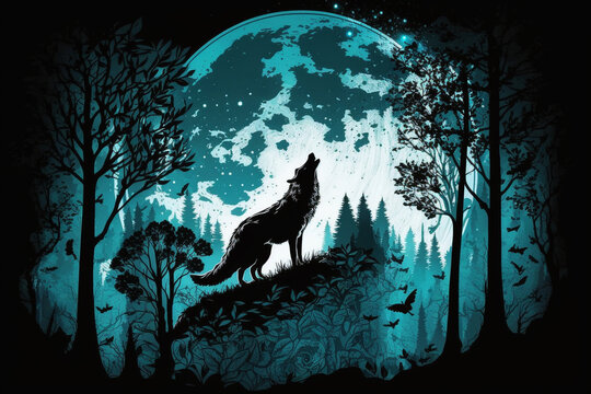 Wolf howling at full moon in the forest vector illustration. Wild animal in the forest. Ai generated