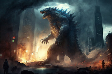 Godzilla monster classic character attacking or destroying a city. Ai generated - 579485749