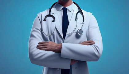 Doctor in a white uniform with stethoscope standing with crossed arms on blue background, Generative AI