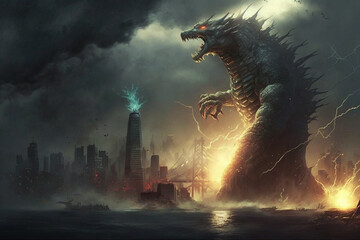 Godzilla monster classic character attacking or destroying a city. Ai generated - obrazy, fototapety, plakaty