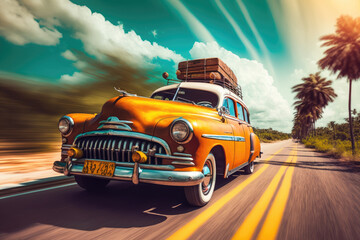 Old vintage retro car with baggage driving through the exotic country, in motion. Generative AI