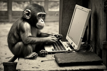 Fototapeta premium Monkey at a computer or laptop working in an office funny concept. Ai generated