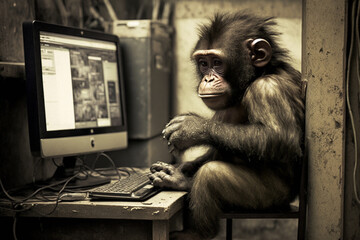 Monkey at a computer or laptop working in an office funny concept. Ai generated